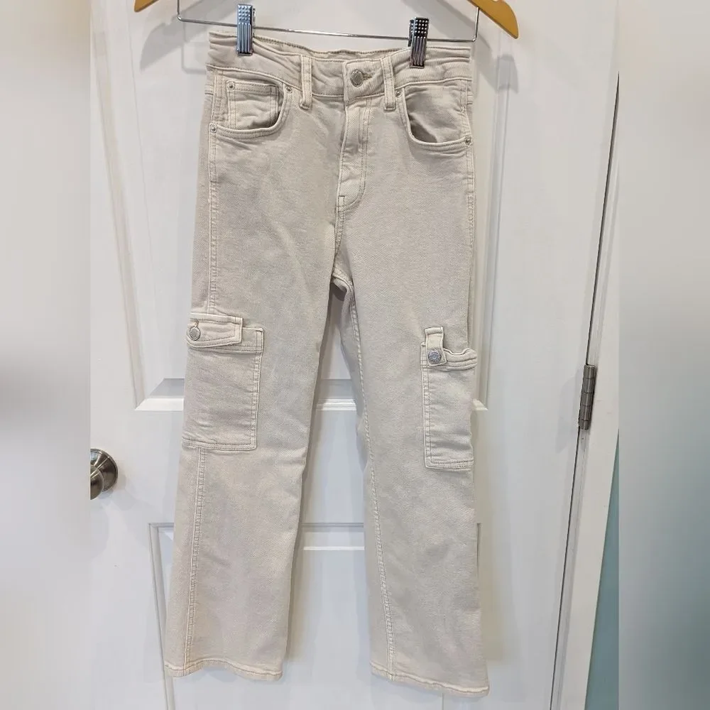 Zara Cargo Carpenter Pocket Jeans Pants Cream Beige Tan Khaki Girls Size 11 12